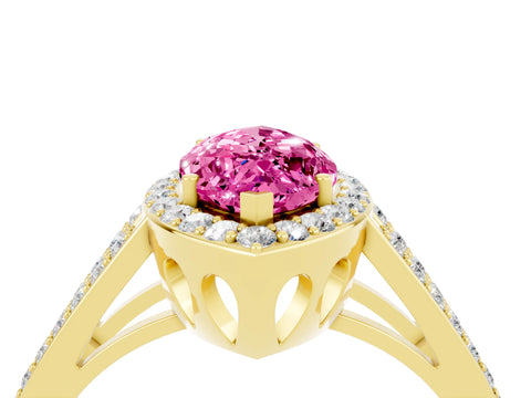Yellow gold Marquise Cut Pink Sapphire Halo Ring with Split Shank U-Prong Band and Four-Prong Setting_4