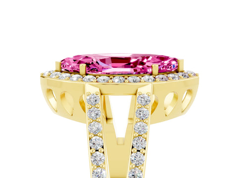 Yellow gold Marquise Cut Pink Sapphire Halo Ring with Split Shank U-Prong Band and Four-Prong Setting_5