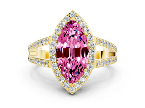 Yellow gold Marquise Cut Pink Sapphire Halo Ring with Split Shank U-Prong Band and Four-Prong Setting