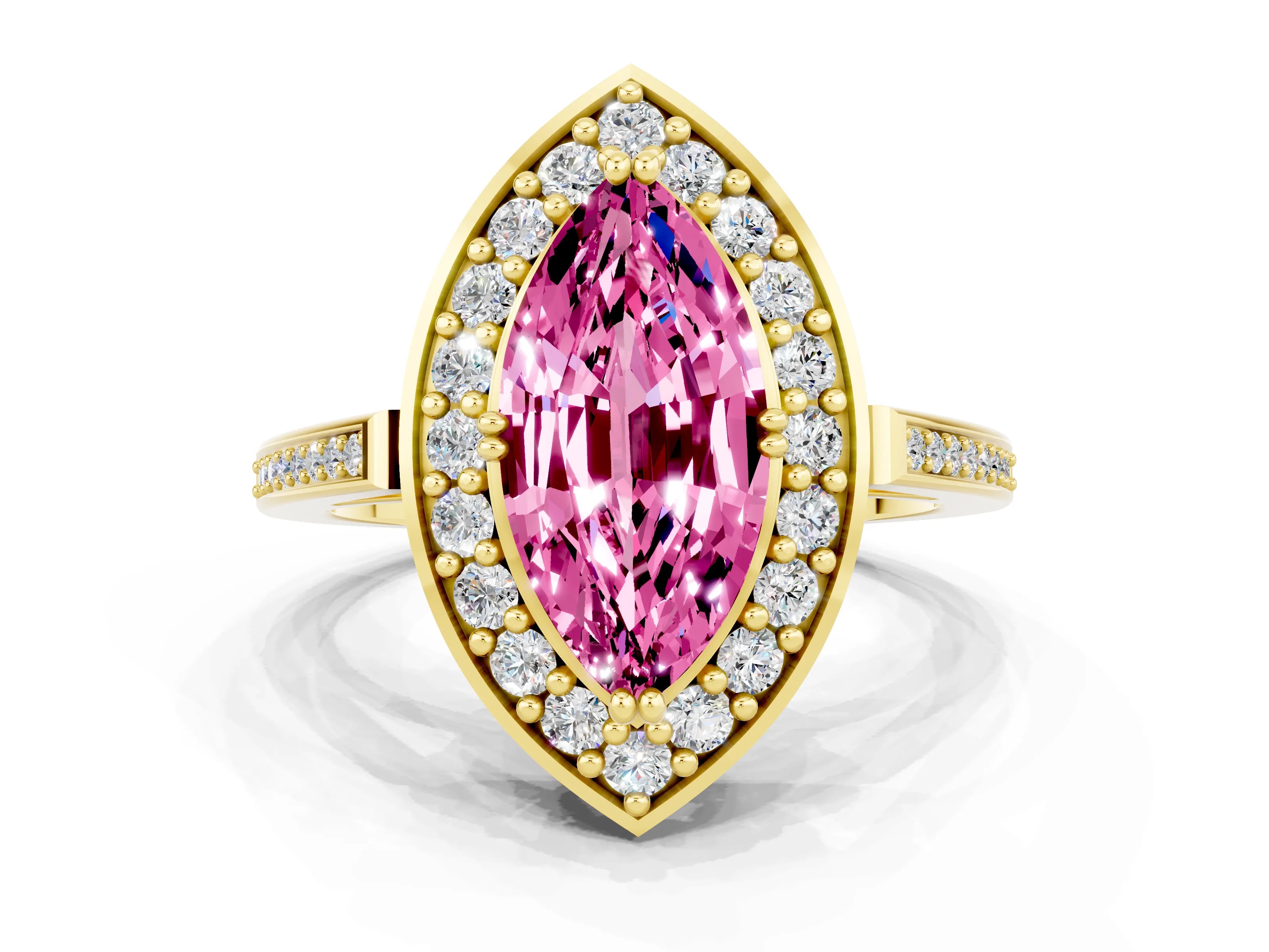 Yellow gold Marquise Cut Pink Sapphire Halo Ring with Split Shank and Four-Prong Setting