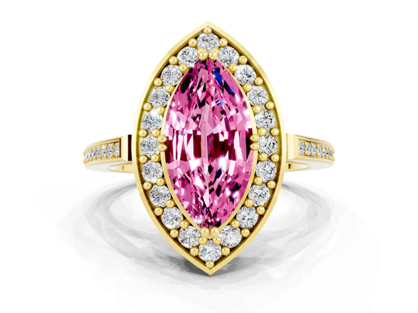 Yellow gold Marquise Cut Pink Sapphire Halo Ring with Split Shank and Four-Prong Setting