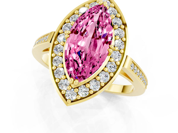 Yellow gold Marquise Cut Pink Sapphire Halo Ring with Split Shank and Four-Prong Setting