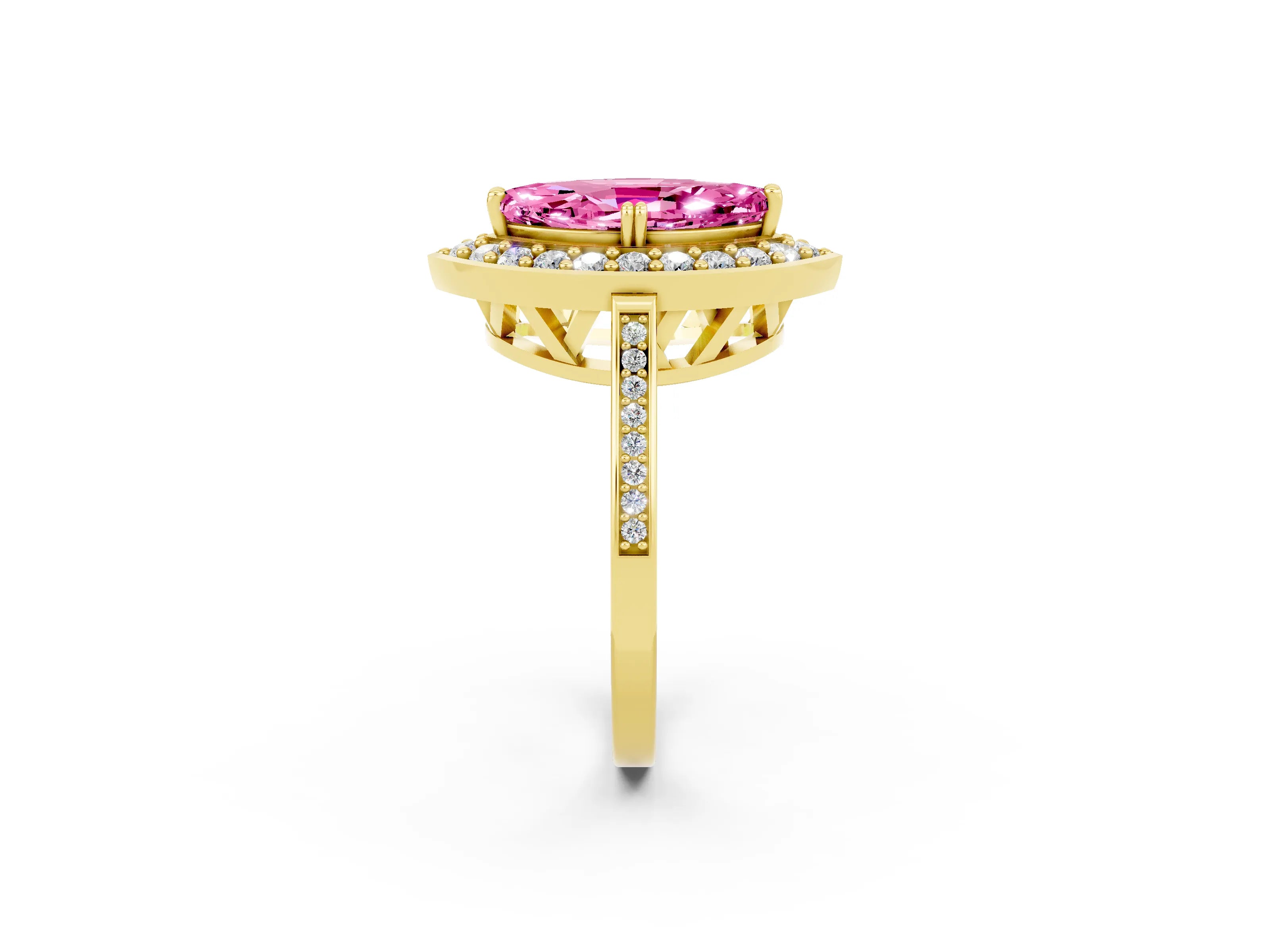 Yellow gold Marquise Cut Pink Sapphire Halo Ring with Split Shank and Four-Prong Setting_2