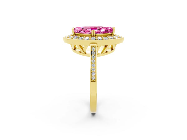 Yellow gold Marquise Cut Pink Sapphire Halo Ring with Split Shank and Four-Prong Setting