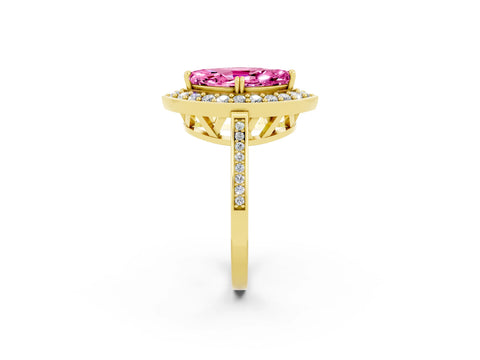 Yellow gold Marquise Cut Pink Sapphire Halo Ring with Split Shank and Four-Prong Setting_2