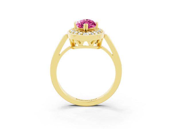Yellow gold Marquise Cut Pink Sapphire Halo Ring with Split Shank and Four-Prong Setting