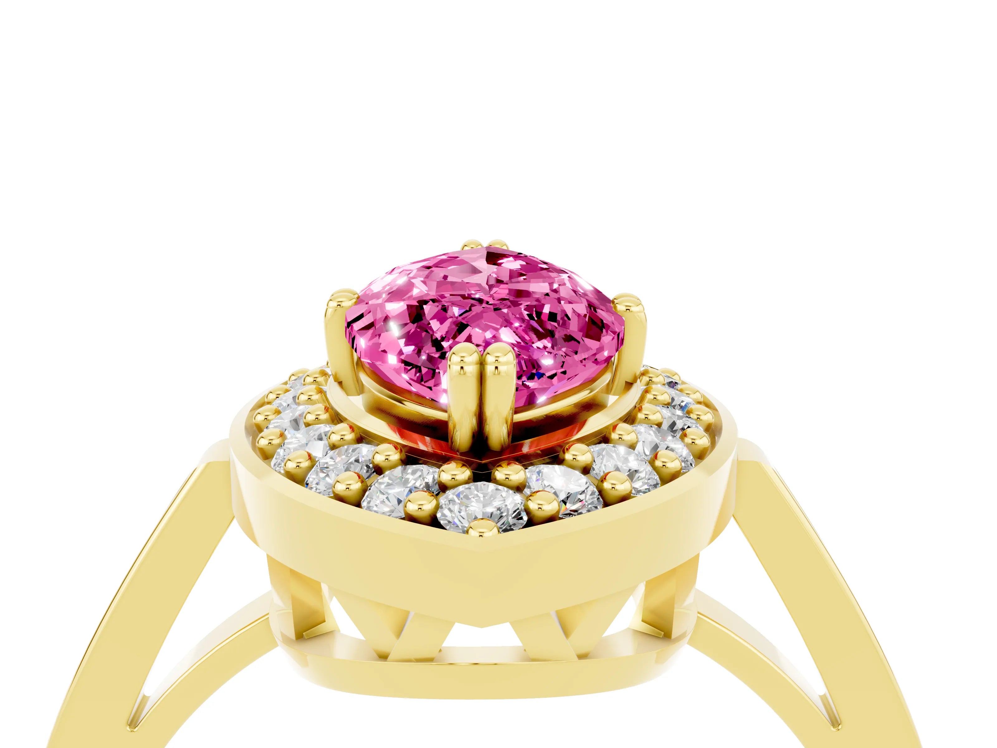 Yellow gold Marquise Cut Pink Sapphire Halo Ring with Split Shank and Four-Prong Setting_4