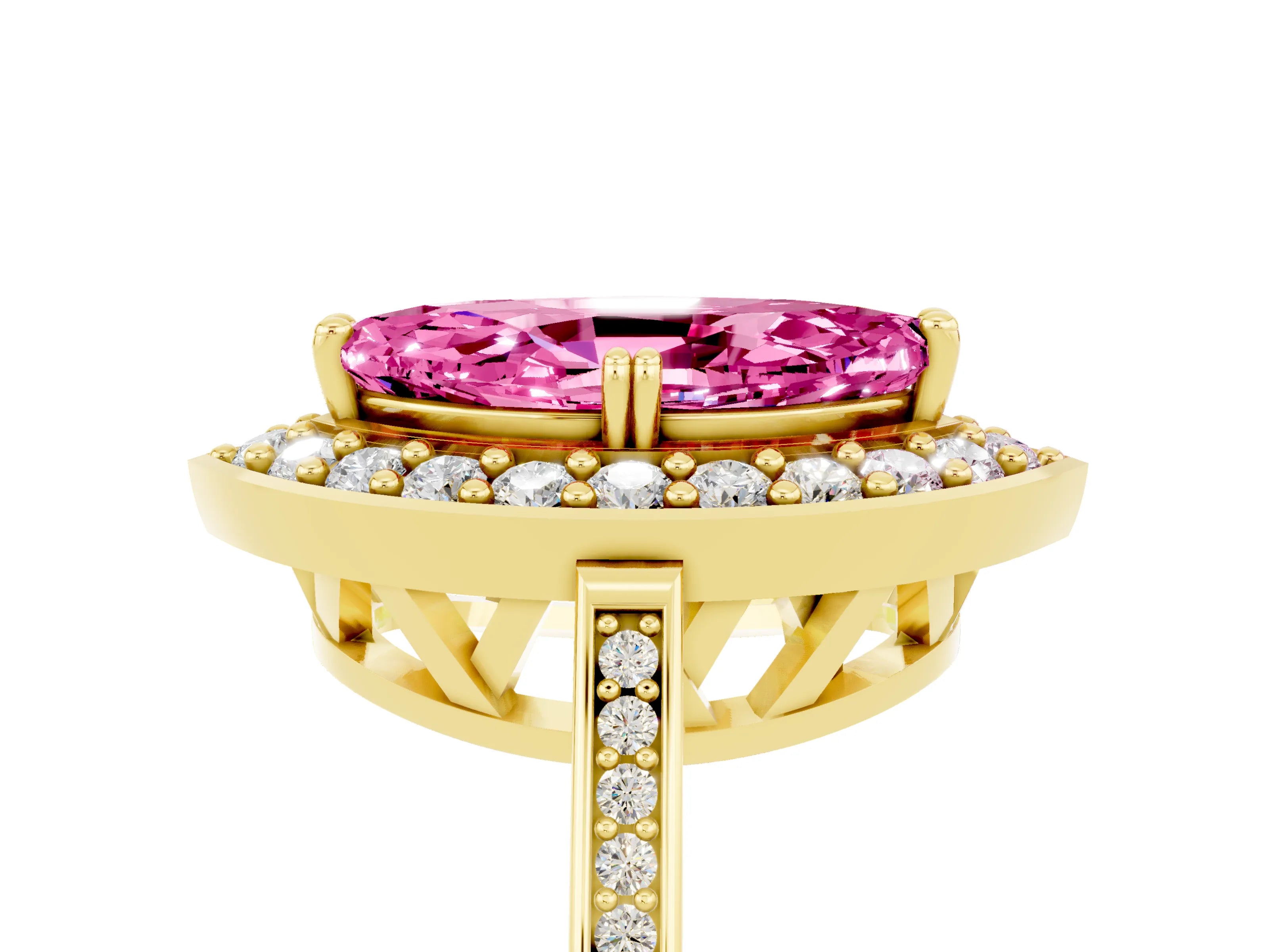 Yellow gold Marquise Cut Pink Sapphire Halo Ring with Split Shank and Four-Prong Setting_5