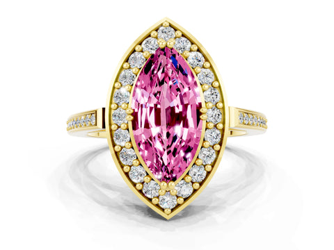 Yellow gold Marquise Cut Pink Sapphire Halo Ring with Split Shank and Four-Prong Setting