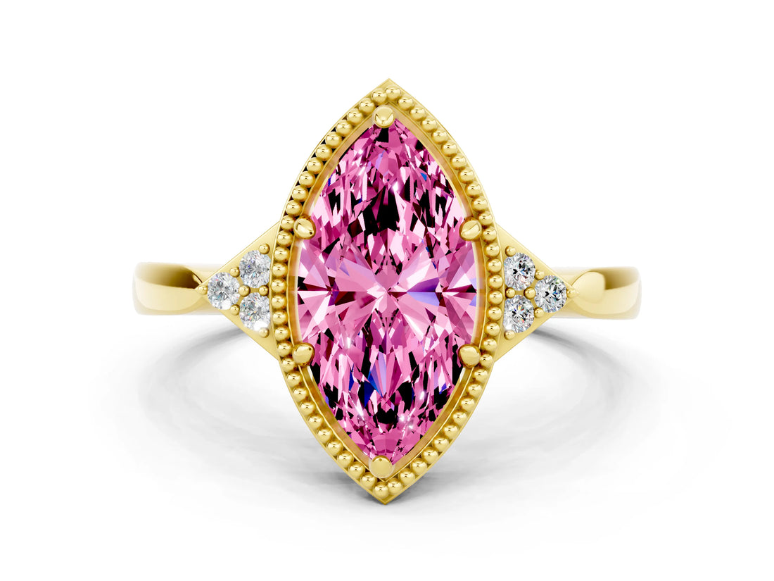 Yellow gold Marquise Cut Pink Sapphire Halo Ring with Tapered Band and Four-Prong Setting