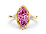 Yellow gold Marquise Cut Pink Sapphire Halo Ring with Tapered Band and Four-Prong Setting