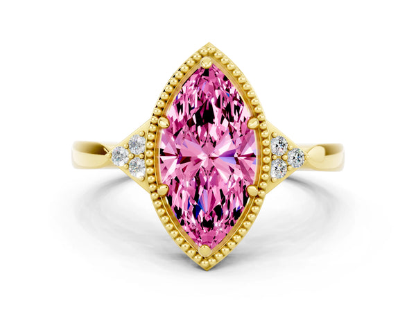 Yellow gold Marquise Cut Pink Sapphire Halo Ring with Tapered Band and Four-Prong Setting