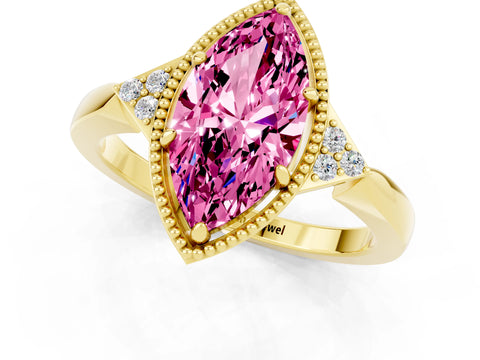 Yellow gold Marquise Cut Pink Sapphire Halo Ring with Tapered Band and Four-Prong Setting_1
