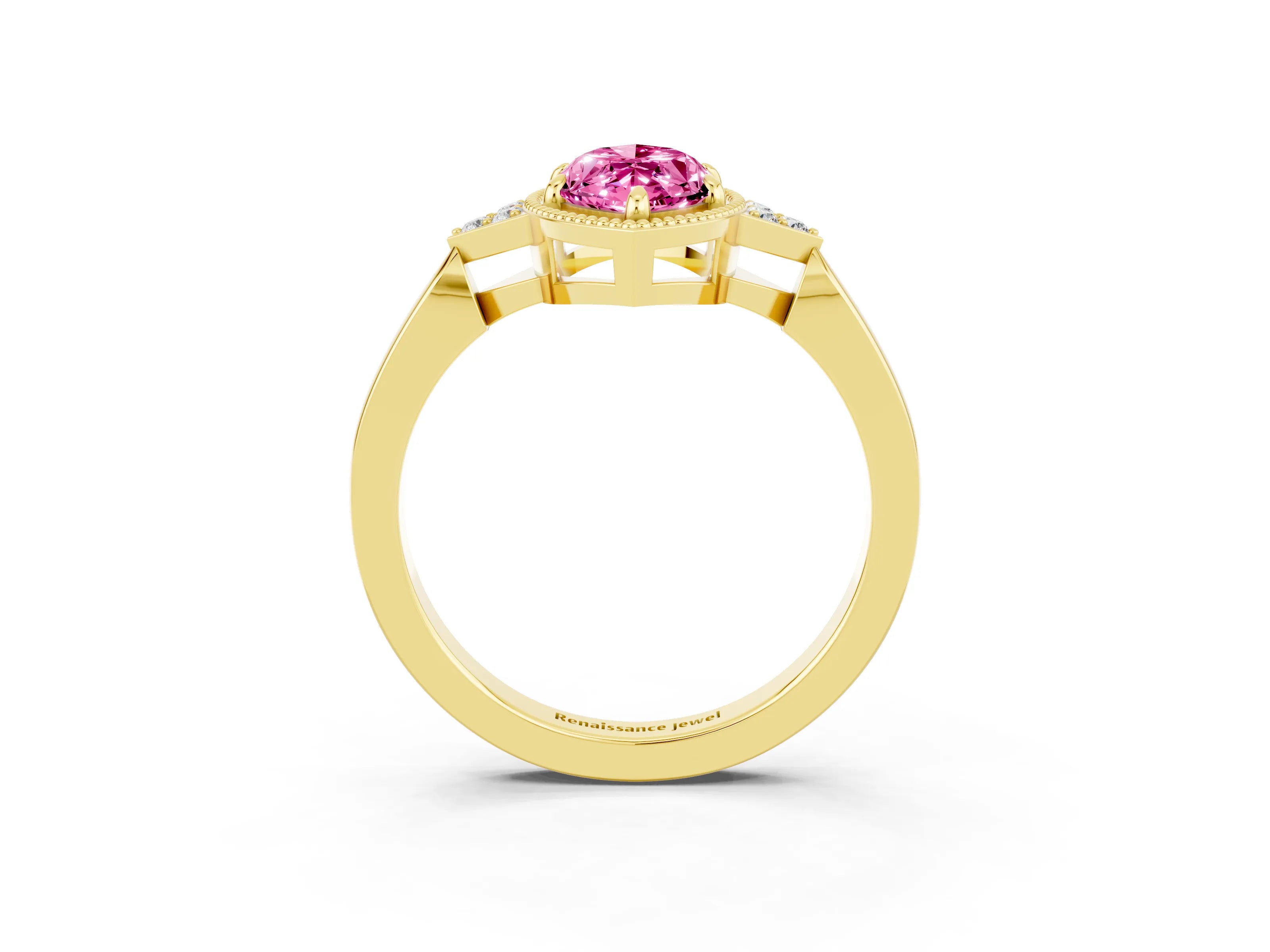 Yellow gold Marquise Cut Pink Sapphire Halo Ring with Tapered Band and Four-Prong Setting_3