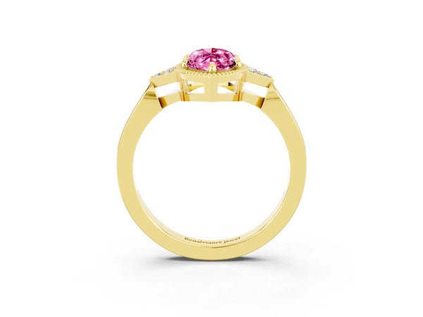 Yellow gold Marquise Cut Pink Sapphire Halo Ring with Tapered Band and Four-Prong Setting