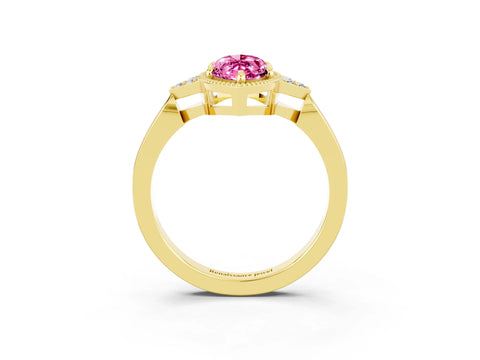 Yellow gold Marquise Cut Pink Sapphire Halo Ring with Tapered Band and Four-Prong Setting_3