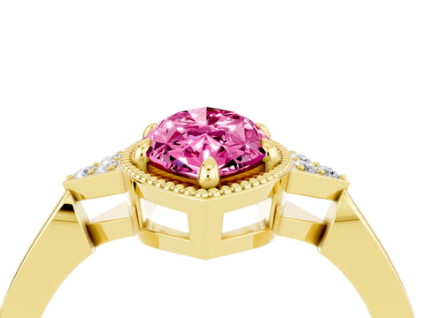 Yellow gold Marquise Cut Pink Sapphire Halo Ring with Tapered Band and Four-Prong Setting_4