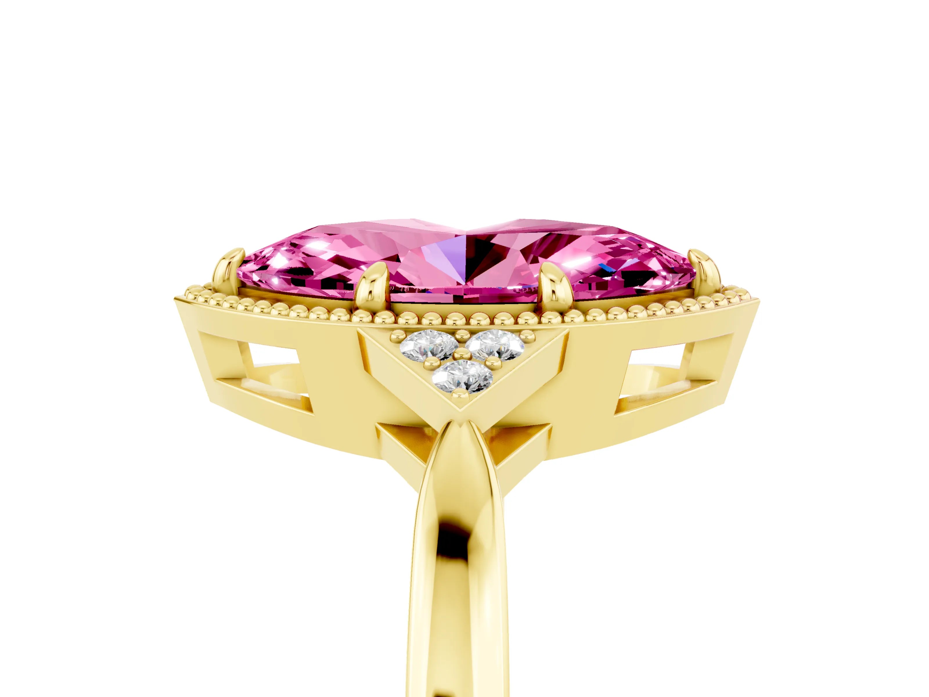 Yellow gold Marquise Cut Pink Sapphire Halo Ring with Tapered Band and Four-Prong Setting_5