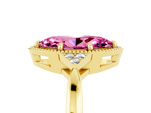 Yellow gold Marquise Cut Pink Sapphire Halo Ring with Tapered Band and Four-Prong Setting_5