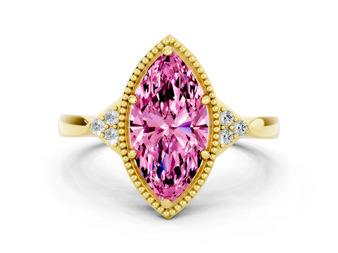 Yellow gold Marquise Cut Pink Sapphire Halo Ring with Tapered Band and Four-Prong Setting