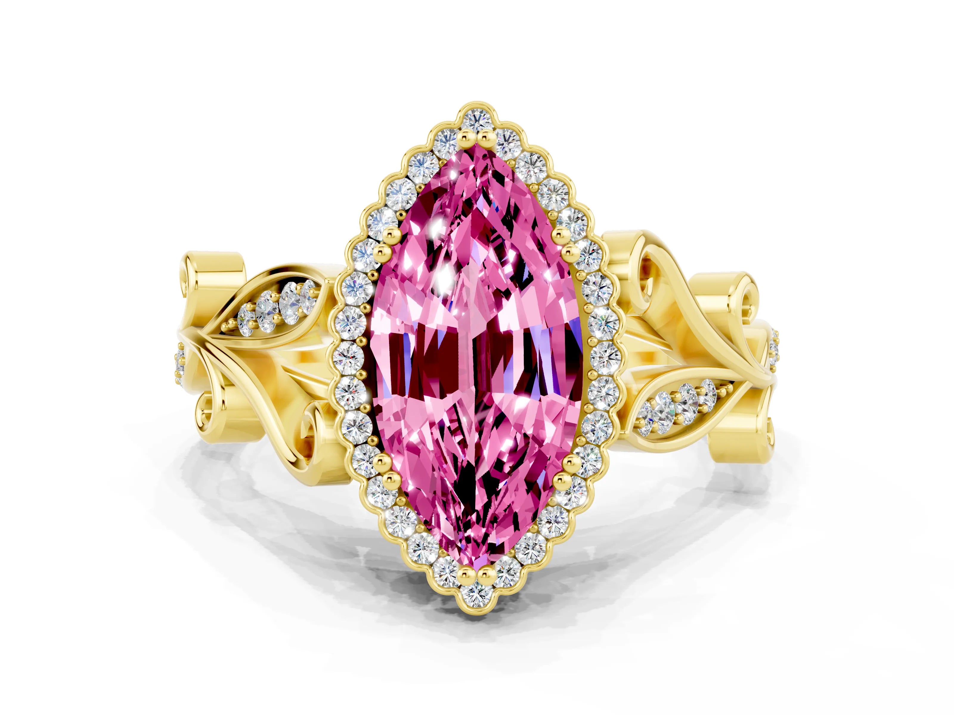 Yellow gold Marquise Cut Pink Sapphire Halo Ring with Vintage Split Shank and Four-Prong Setting