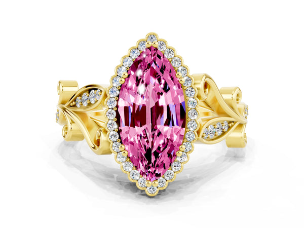 Yellow gold Marquise Cut Pink Sapphire Halo Ring with Vintage Split Shank and Four-Prong Setting