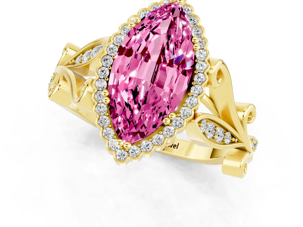 Yellow gold Marquise Cut Pink Sapphire Halo Ring with Vintage Split Shank and Four-Prong Setting