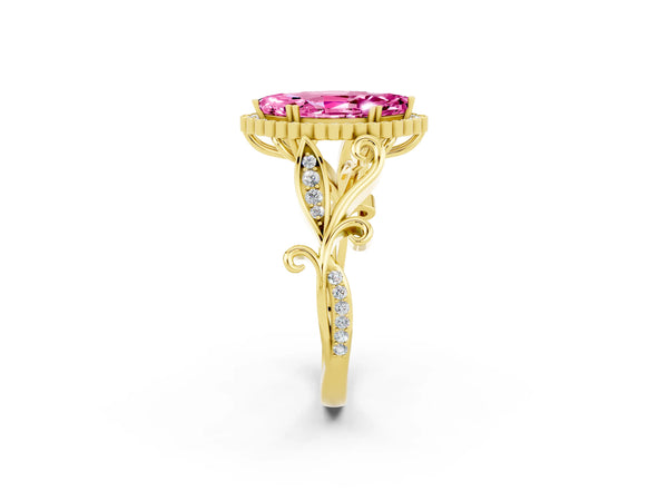 Yellow gold Marquise Cut Pink Sapphire Halo Ring with Vintage Split Shank and Four-Prong Setting
