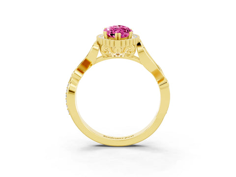 Yellow gold Marquise Cut Pink Sapphire Halo Ring with Vintage Split Shank and Four-Prong Setting_3