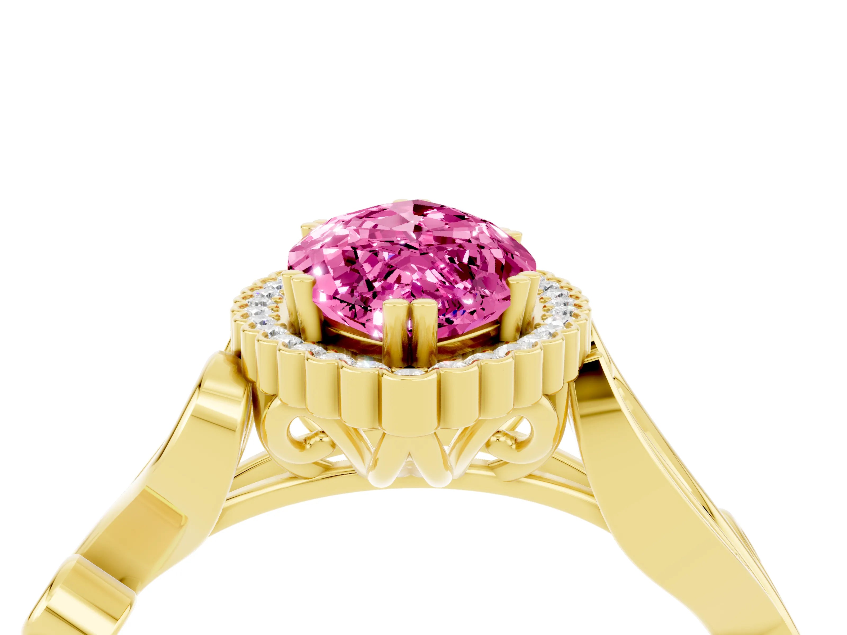 Yellow gold Marquise Cut Pink Sapphire Halo Ring with Vintage Split Shank and Four-Prong Setting_4