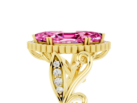 Yellow gold Marquise Cut Pink Sapphire Halo Ring with Vintage Split Shank and Four-Prong Setting_5
