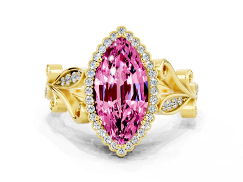 Yellow gold Marquise Cut Pink Sapphire Halo Ring with Vintage Split Shank and Four-Prong Setting