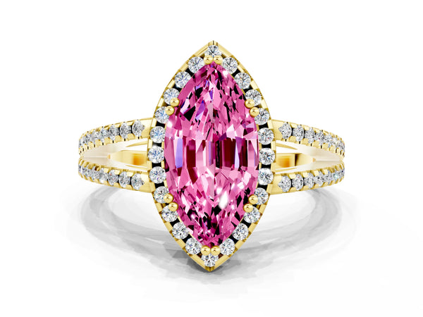 Yellow gold Marquise Cut Pink Sapphire Halo Split Shank Engagement Ring