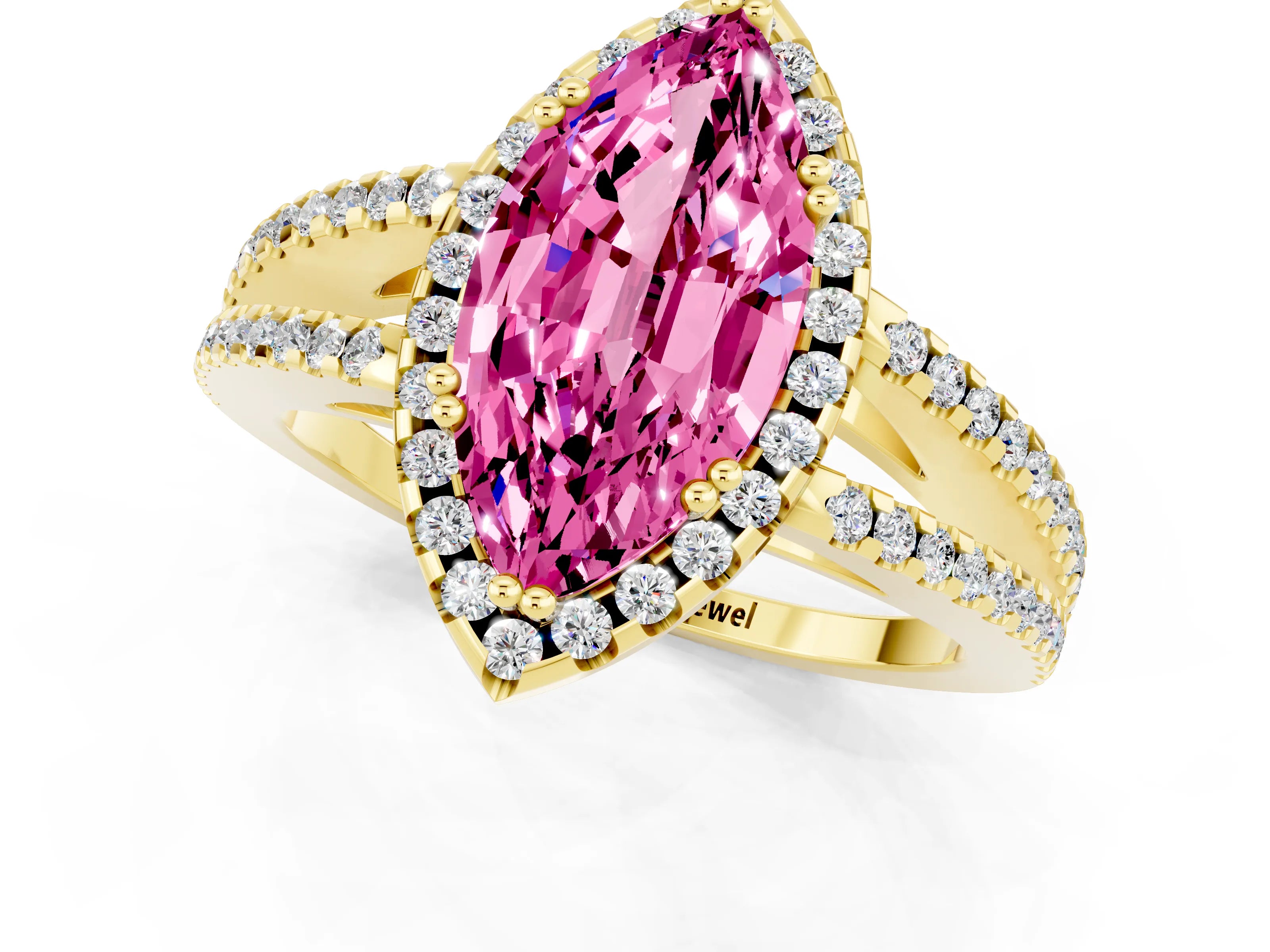 Yellow gold Marquise Cut Pink Sapphire Halo Split Shank Engagement Ring_13