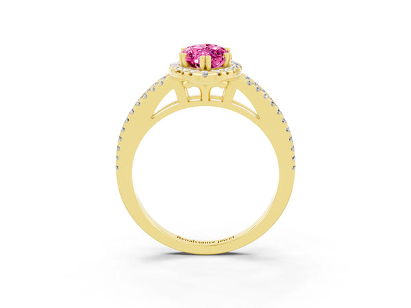 Yellow gold Marquise Cut Pink Sapphire Halo Split Shank Engagement Ring