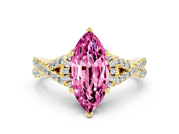 Yellow gold Marquise Cut Pink Sapphire  Halo Twist Band Solitaire Prong Setting Ring