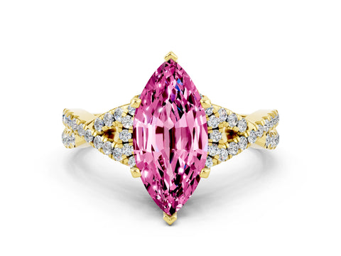 Yellow gold Marquise Cut Pink Sapphire Halo Twist Band Solitaire Prong Setting Ring_24