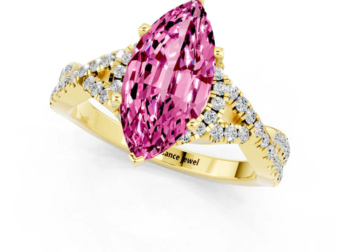 Yellow gold Marquise Cut Pink Sapphire Halo Twist Band Solitaire Prong Setting Ring_25