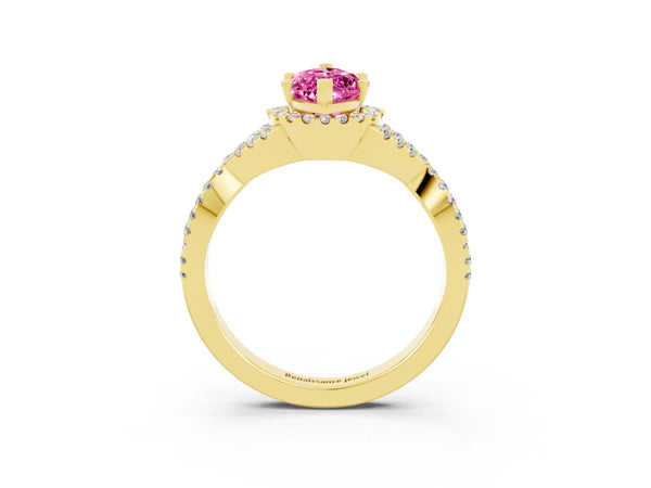 Yellow gold Marquise Cut Pink Sapphire  Halo Twist Band Solitaire Prong Setting Ring