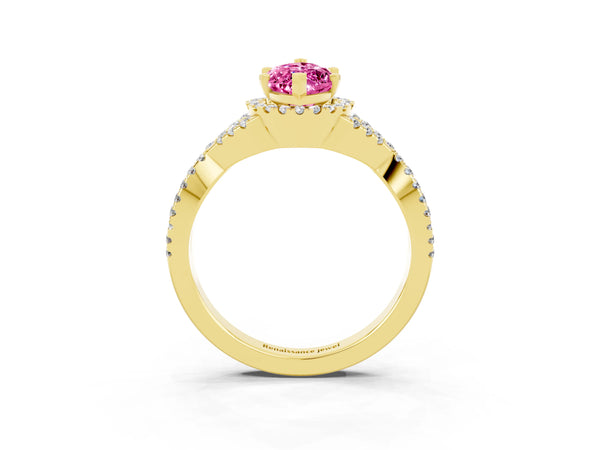 Yellow gold Marquise Cut Pink Sapphire  Halo Twist Band Solitaire Prong Setting Ring