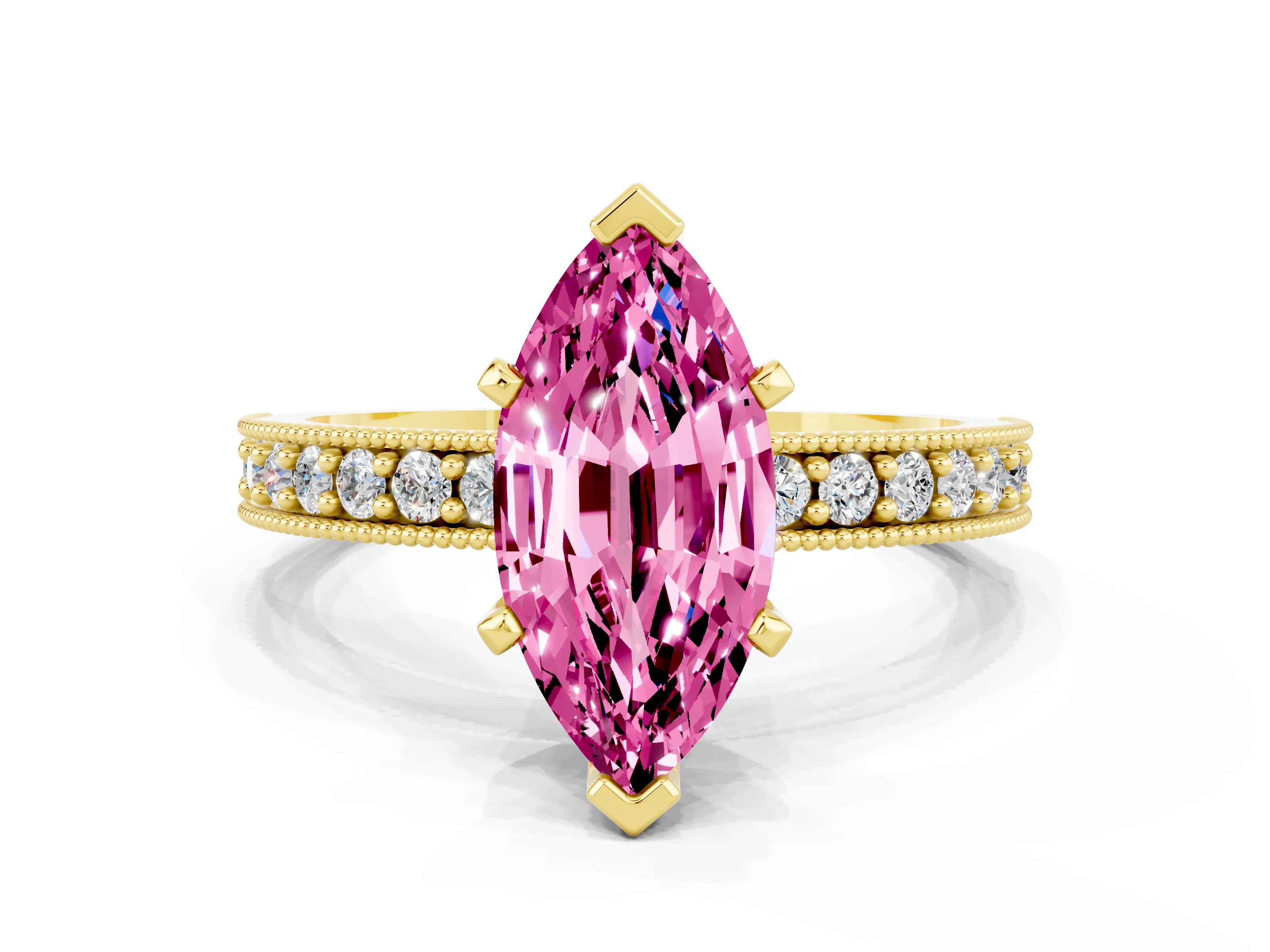 Yellow gold Marquise Cut Pink Sapphire Milgrain Pavé Engagement Ring with Four-Prong Setting_24