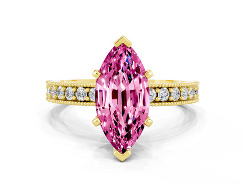 Yellow gold Marquise Cut Pink Sapphire Milgrain Pavé Engagement Ring with Four-Prong Setting_24