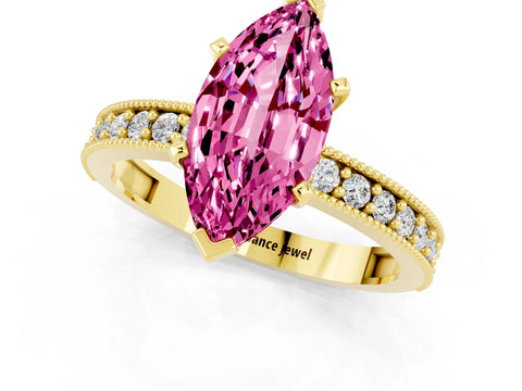 Yellow gold Marquise Cut Pink Sapphire Milgrain Pavé Engagement Ring with Four-Prong Setting_25