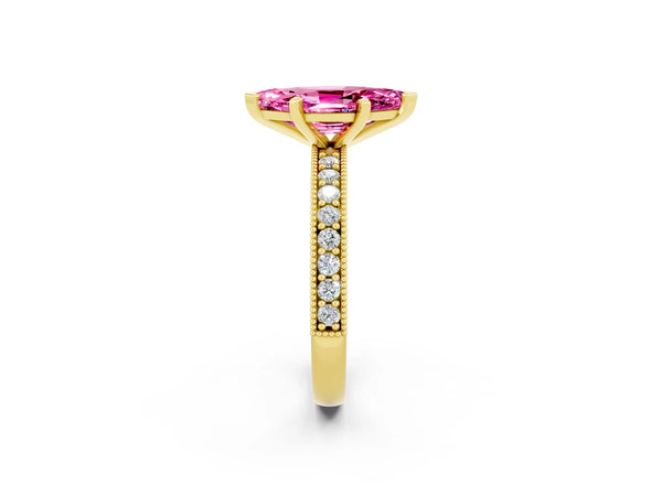 Yellow gold Marquise Cut Pink Sapphire Milgrain Pavé Engagement Ring with Four-Prong Setting