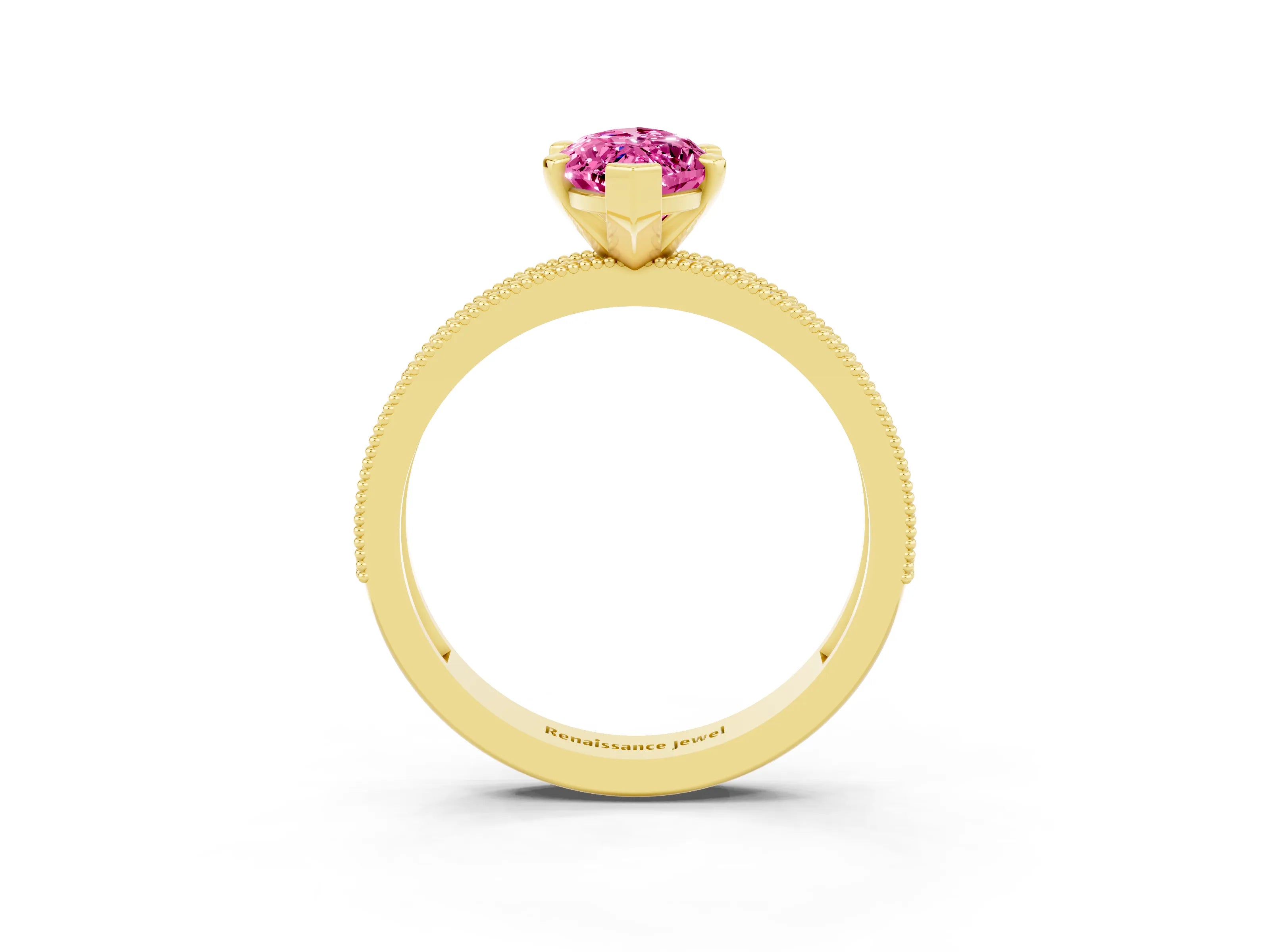 Yellow gold Marquise Cut Pink Sapphire Milgrain Pavé Engagement Ring with Four-Prong Setting_27