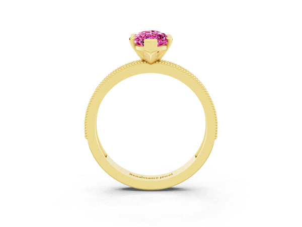 Yellow gold Marquise Cut Pink Sapphire Milgrain Pavé Engagement Ring with Four-Prong Setting