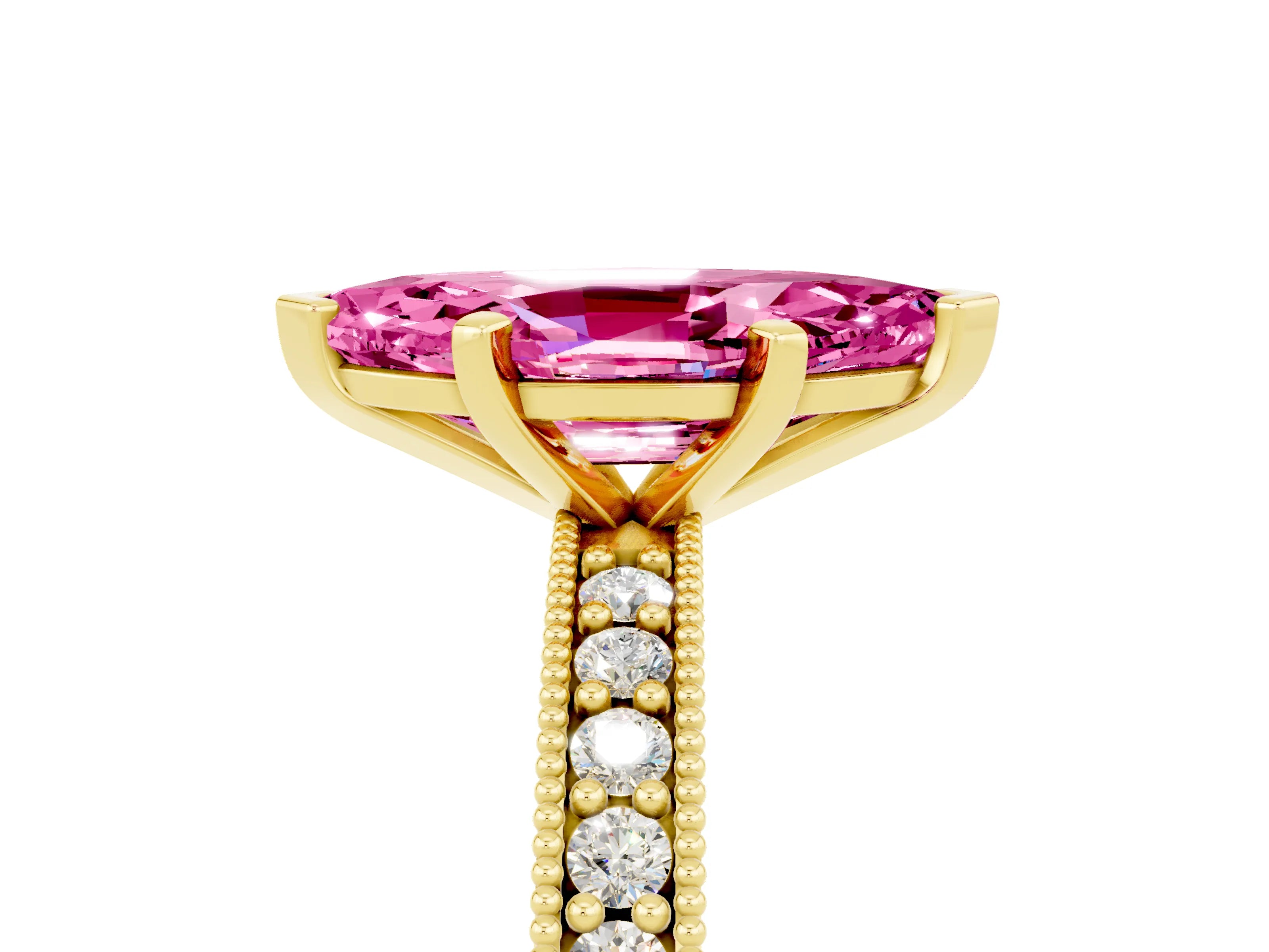 Yellow gold Marquise Cut Pink Sapphire Milgrain Pavé Engagement Ring with Four-Prong Setting_29