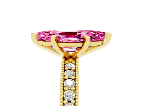 Yellow gold Marquise Cut Pink Sapphire Milgrain Pavé Engagement Ring with Four-Prong Setting_29