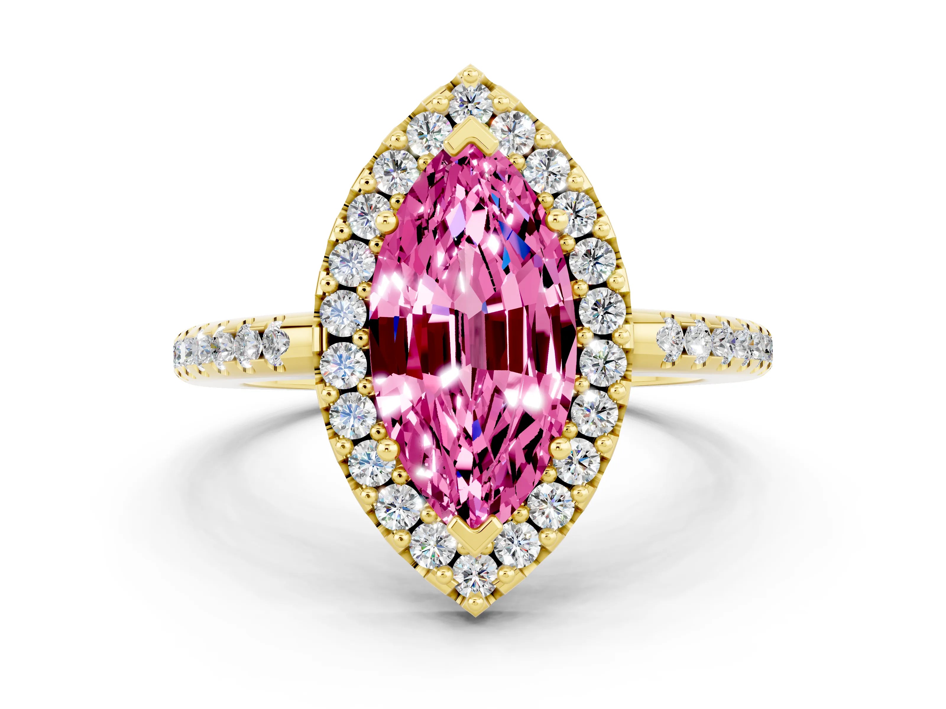 Yellow gold Marquise Cut Pink Sapphire Pavé Halo Ring with Four-Prong Setting_12