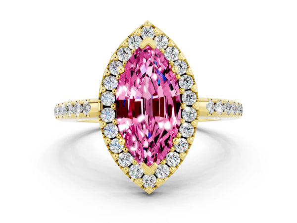 Yellow gold Marquise Cut Pink Sapphire Pavé Halo Ring with Four-Prong Setting